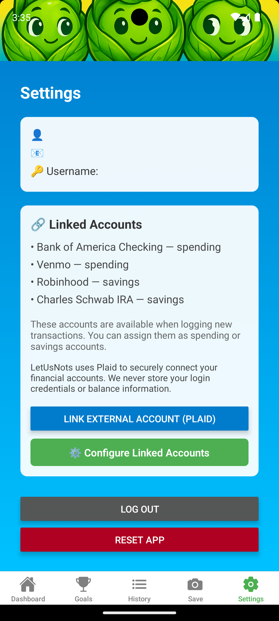settings screen